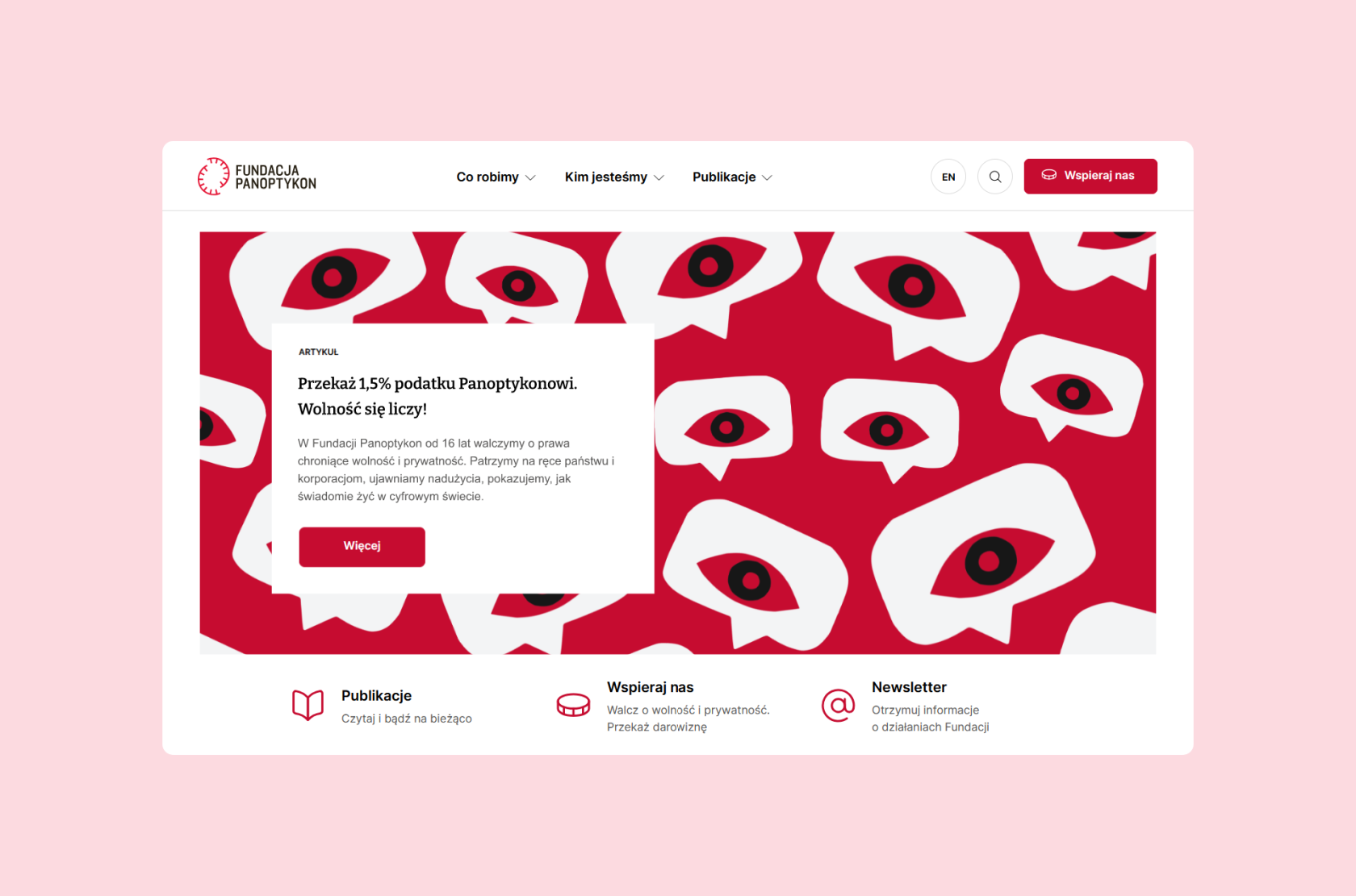 Strona Fundacji Panoptykon z grafiką oczu symbolizujących nadzór i komunikatem o przekazaniu 1,5% podatku na rzecz obrony wolności i prywatności.