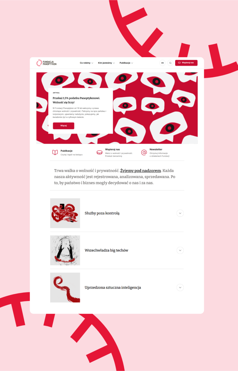 Strona Fundacji Panoptykon z grafiką oczu symbolizujących nadzór i komunikatem o przekazaniu 1,5% podatku na rzecz obrony wolności i prywatności.