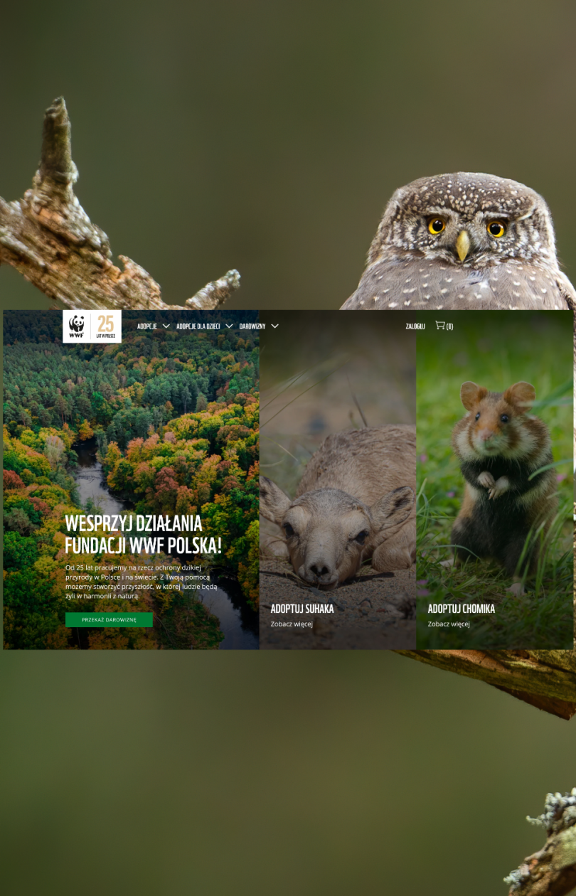Zrzut ekranu przedstawiający stronę WWF Pomagam z podzielonym układem zdjęć: po lewej kolorowy las z hasłem zachęcającym do wsparcia działań, po środku młody suhak, a po prawej chomik europejski – przykłady zwierząt dostępnych do symbolicznej adopcji.