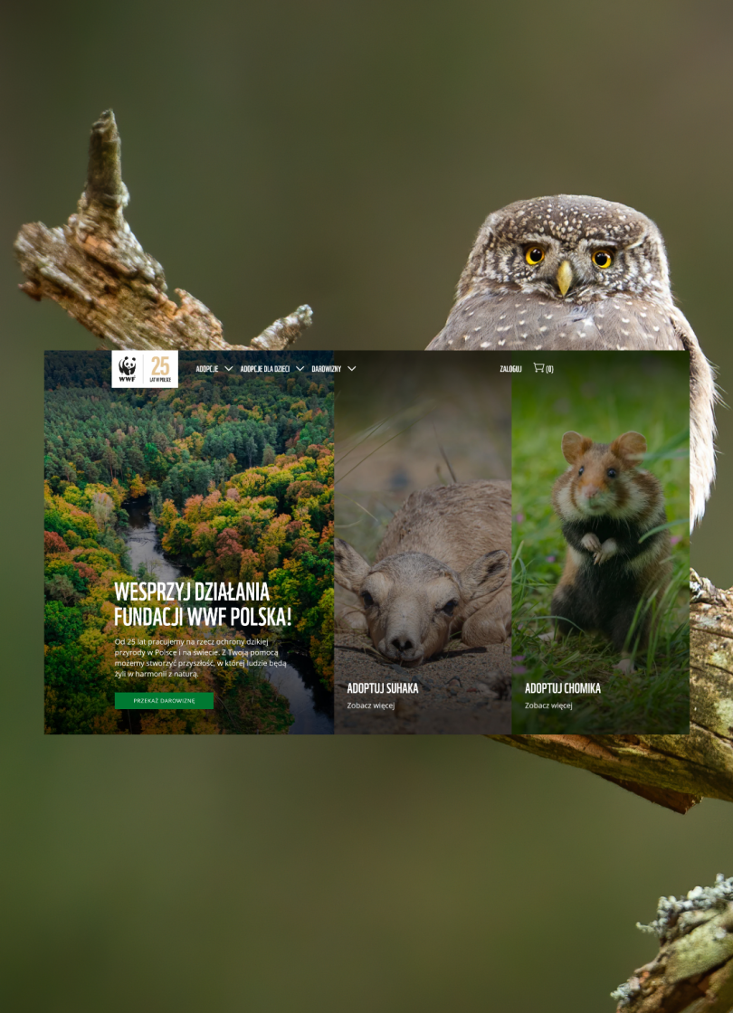 Zrzut ekranu przedstawiający stronę WWF Pomagam z podzielonym układem zdjęć: po lewej kolorowy las z hasłem zachęcającym do wsparcia działań, po środku młody suhak, a po prawej chomik europejski – przykłady zwierząt dostępnych do symbolicznej adopcji.