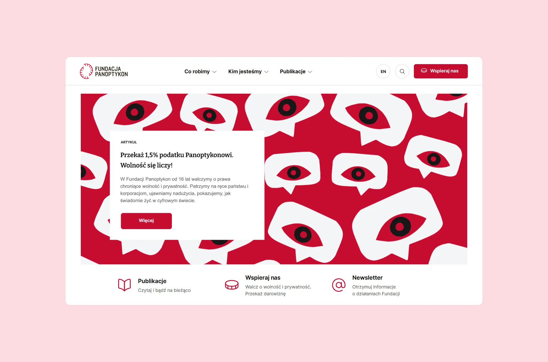 Strona Fundacji Panoptykon z grafiką oczu symbolizujących nadzór i komunikatem o przekazaniu 1,5% podatku na rzecz obrony wolności i prywatności.