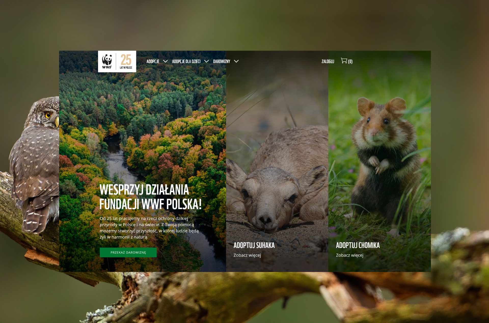 Zrzut ekranu przedstawiający stronę WWF Pomagam z podzielonym układem zdjęć: po lewej kolorowy las z hasłem zachęcającym do wsparcia działań, po środku młody suhak, a po prawej chomik europejski – przykłady zwierząt dostępnych do symbolicznej adopcji.